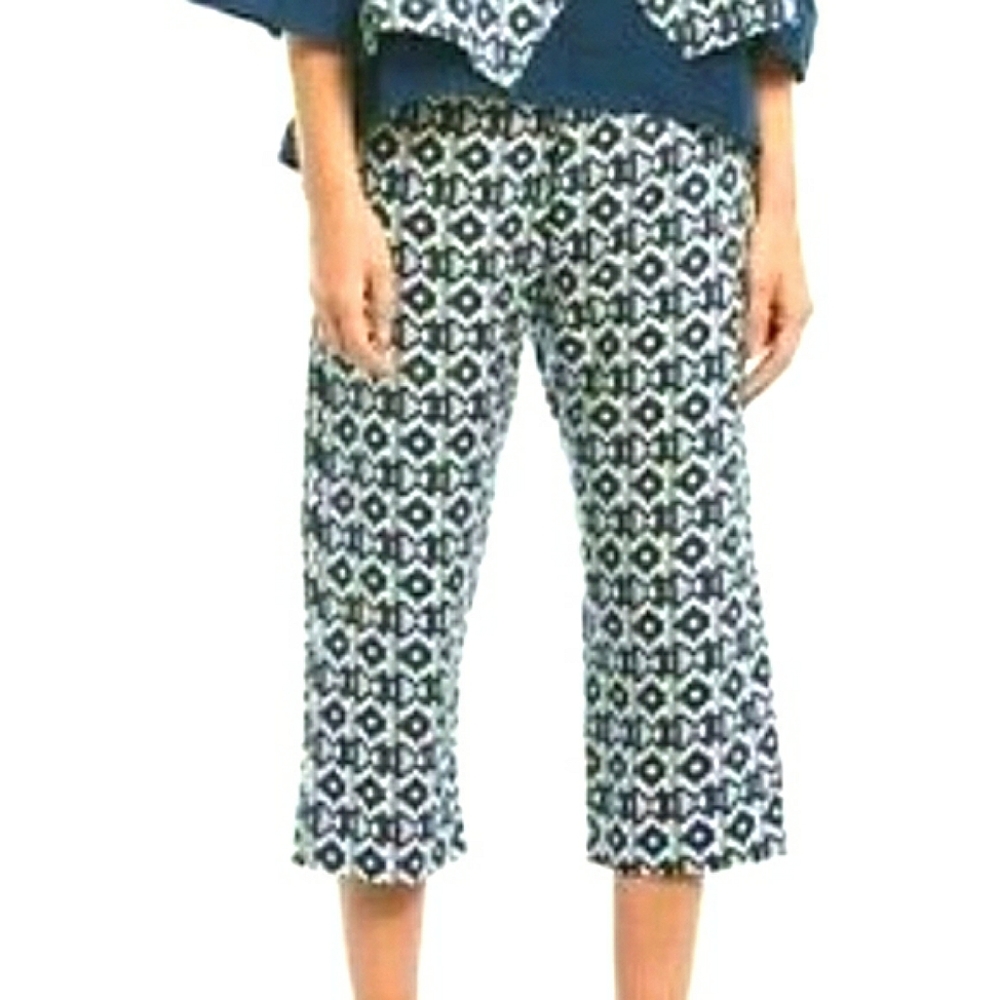 Bryn Walker Cropped Pants Italian Linen USA Ikat Pattern  Lagenlook Layer Artsy